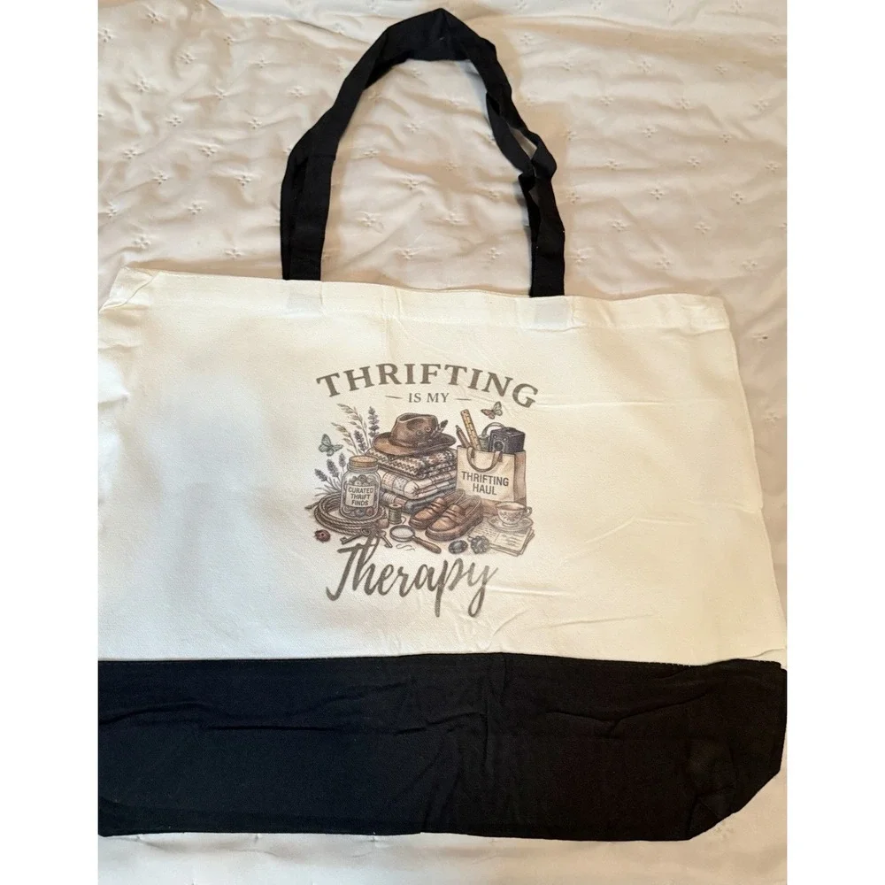 Thick Canvas Tote Bag Double Handles. 15x18.5x4.72. Thrifting Is My Therapy.